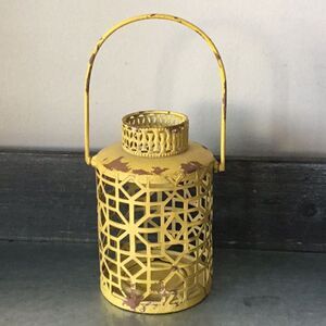 Metal lamp with handle tea light cottagecore rustic geometric yellow